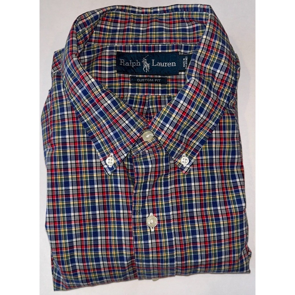 Ralph‎ Lauren Oxford Custom Fit Button Down Shirt Men's XL  Plaid Polo Pony logo